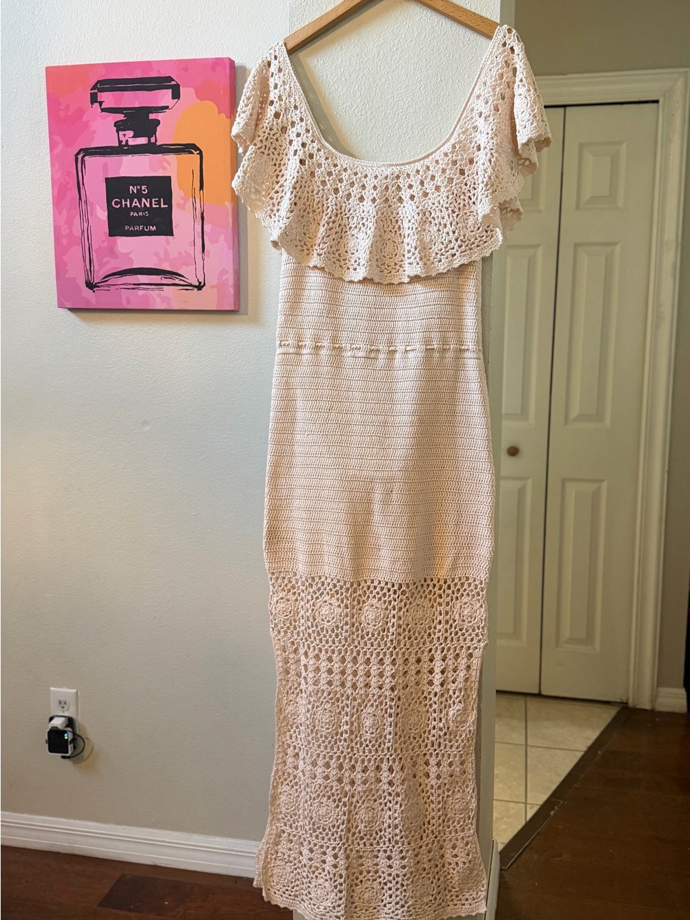 Spell Iluka Crochet Organic Cotton Maxi Dress Blush Pink Off Shoulder Boho Small - Picture 14 of 17